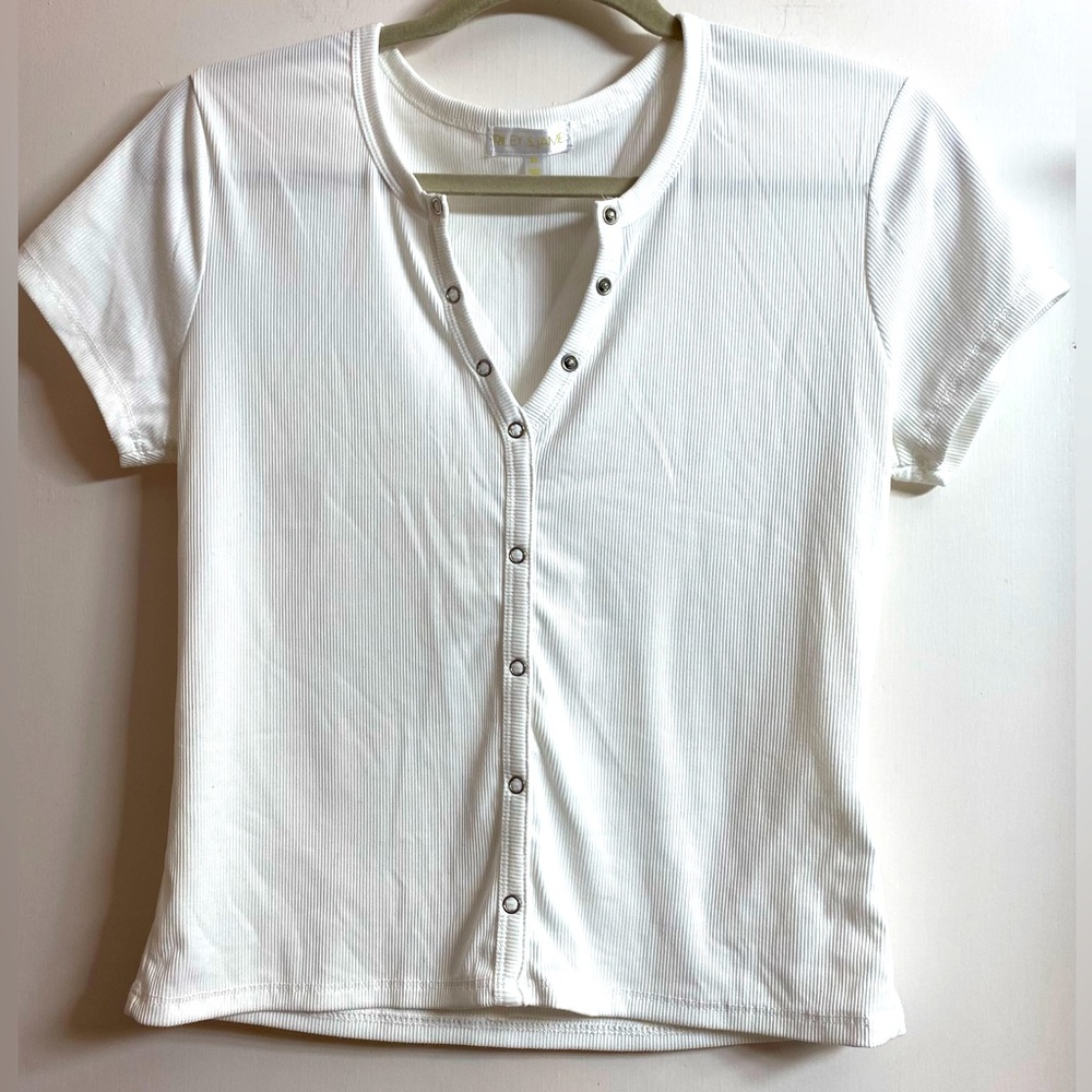 Women Cropped button up T-Shirt White Riley & James Euphoric Junior Size Large